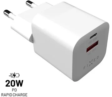 Finální Výprodej Síťová nabíječka FIXED Mini s USB-C a USB výstupem, podpora PD a QC 3.0, 20W, bílá