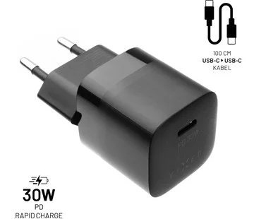 Set síťové nabíječky FIXED Mini s USB-C výstupem a USB-C/USB-C kabelu, podpora PD, 1 metr, 30W, černý Akční Cena