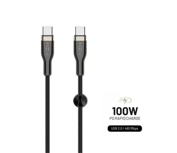 Nabíjecí a datový opletený kabel FIXED s konektory USB-C/USB-C a podporou PD, 1.2m, USB 2.0, 100W, černý Akce