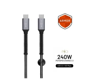Doprava Zdarma Dlouhý nabíjecí a datový odolný kabel FIXED Armor s konektory USB-C/USB-C a podporou PD, 2m, USB 2.0, 240W, šedý