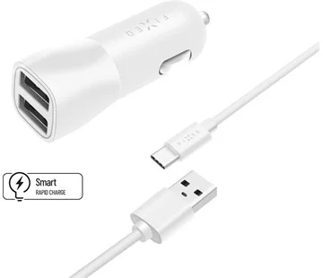 Set autonabíječky FIXED s 2xUSB výstupem a USB/USB-C kabelu, 1 metr, 15W Smart Rapid Charge, bílá Aktuální