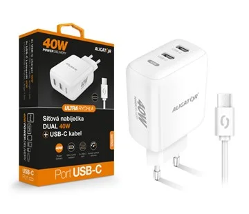 Cenová Bomba Chytrá síťová nabíječka ALIGATOR Power Delivery 40W, 2xUSB-C, USB-C/USB-C kabel, bílá