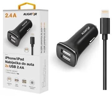 Aligator nabíječka do auta Turbo charge, 12/24 V, 2,4 A, konektor Lightning, 2x USB výstup, černá Horká Nabídka