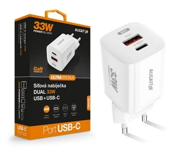Rychlá mini síťová nabíječka ALIGATOR Power Delivery 33W, GaN, USB-C / USB-A, bílá Poslední Šance