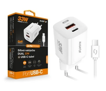 Aligator Mini PD 33W, USB-C/A, rychlá nabíječka GaN, s kabelem USB-C/USB-C, bílá Cenový Hit