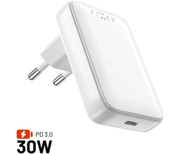 Levný Síťová GaN nabíječka FIXED Slim s USB-C výstupem a podporou PD, 30W, bílá