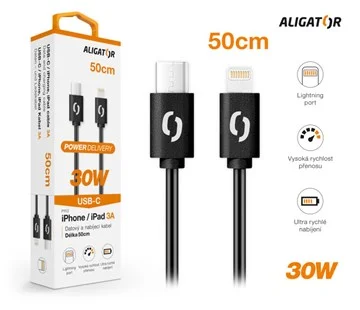 Datový kabel ALIGATOR POWER 30W, USB-C/Lightning 3A, 0,5m bílý Sezónní Sleva