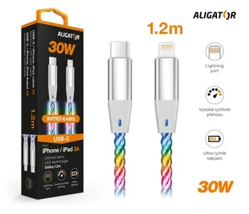 Tovární Cena Datový kabel ALIGATOR POWER 3A 65W, USB-C/USB-C, 0,5m svítící