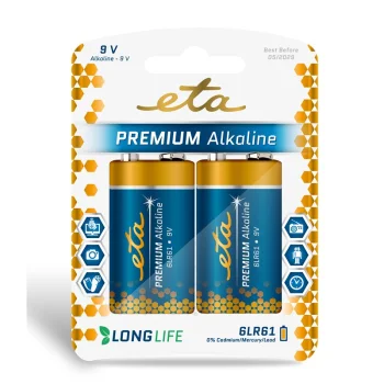 Baterie alkalická ETA PREMIUM ALKALINE 9V, 6LR61, blistr 2ks Speciální Cena