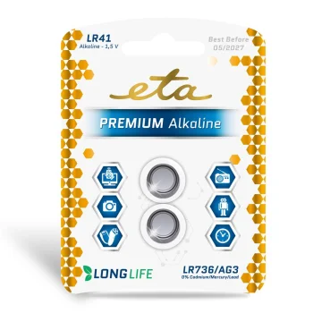 Baterie alkalická ETA PREMIUM ALKALINE 1,5V, LR41, blistr 2ks Dokud Zásoby Vydrží